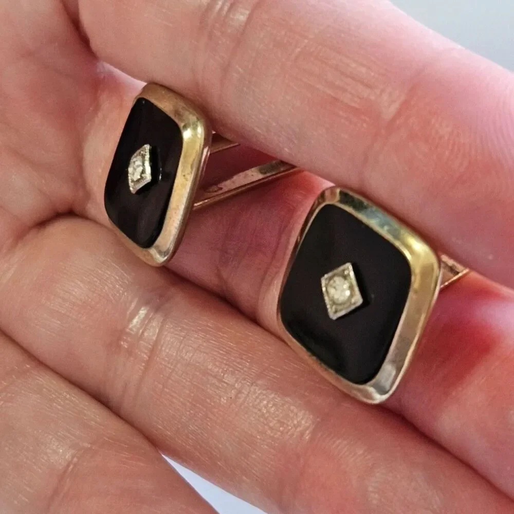 Gold Tone With Black Cufflinks Clear Rhinestone Vintage